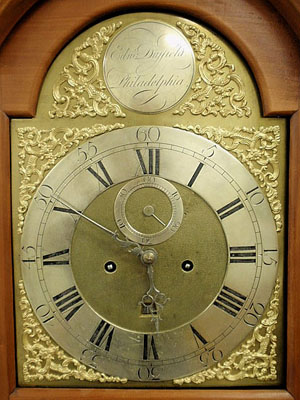 One of three tall-case clocks in the auction, this Edward Duffield, Philadelphia Queen Anne clock, lot 400, is expected to sell for $10,000-$15,000 on Saturday, Nov. 27. Image courtesy of Wiederseim Associates Inc.